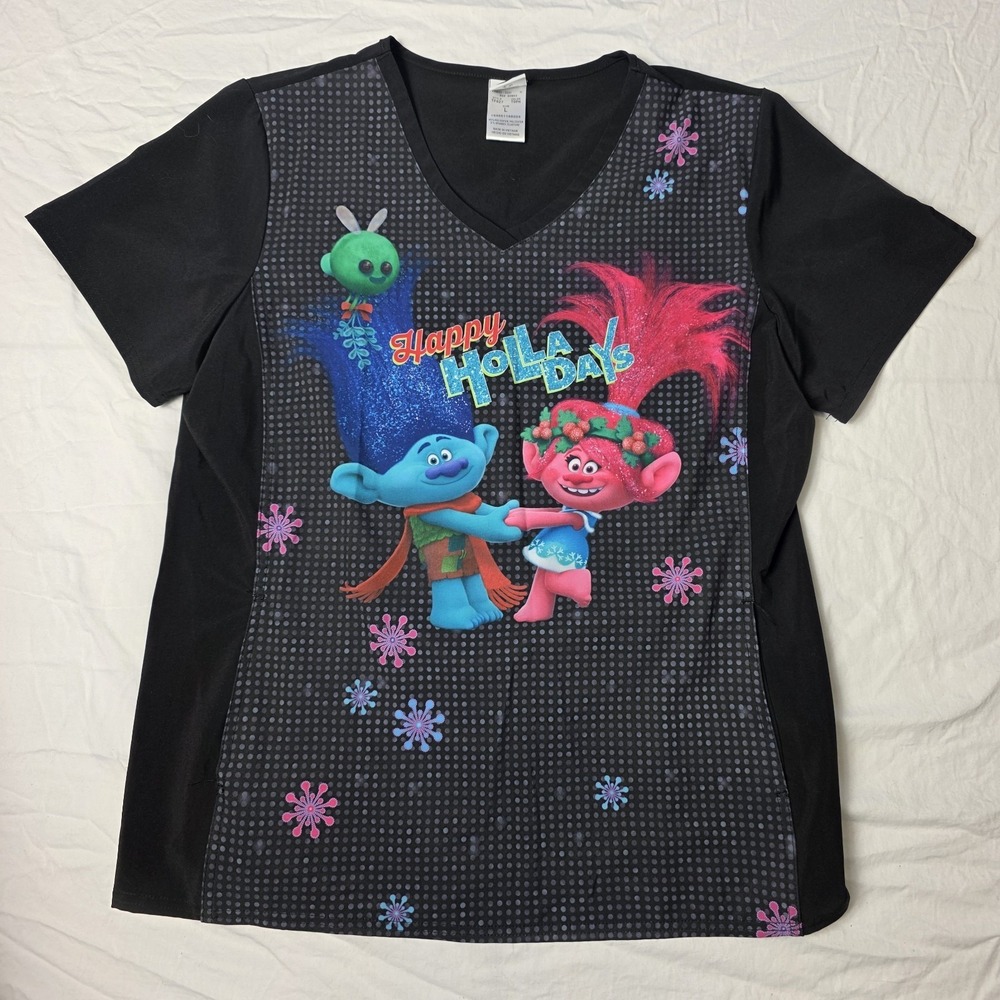 DreamWorks women's scrub top Trolls Happy Holladays Scrubs black large